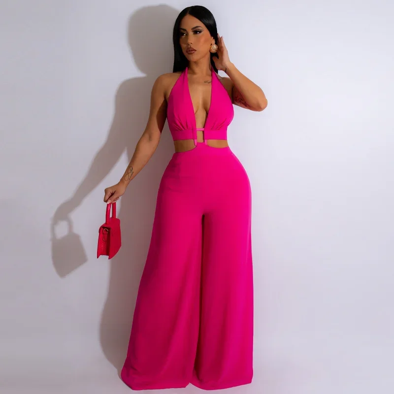 

WUHE Cutout Halter Neck Backless Sleeveless Straight Loose Wide Leg Jumpsuit 2024 Women Sexy Party Playsuit One Piece Set