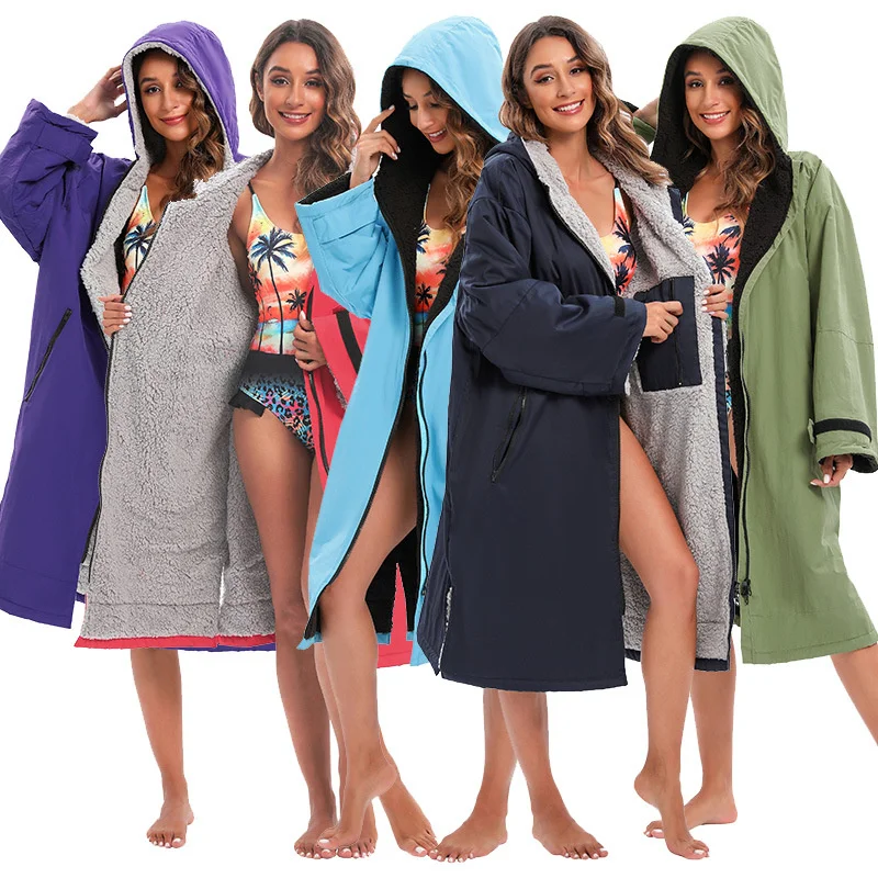Unisex Surf Changing Robe Winter Outdoor Waterproof Microfiber Jacket Hooded Cloak Beach Surf Pool Lining Anorak Raincoat Coat