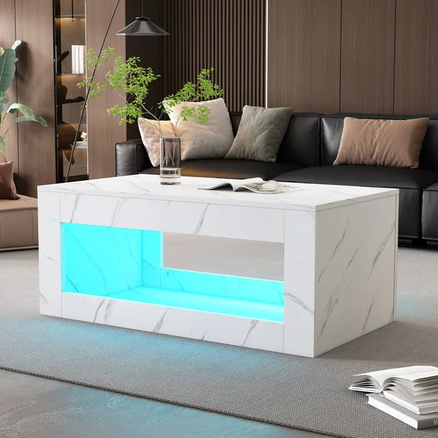 Table basse moderne à LED, table de canapé, table basse brillante avec télécommande, grande table basse avec imprimé marbre (blanc) 1