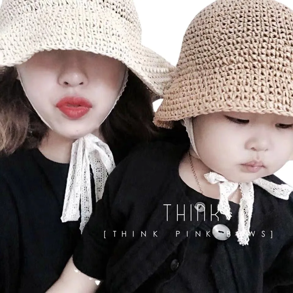 2024 Summer Straw Baby Hat Lace Newborn Baby Bucket Hat Kids Sun Hats Kids Cap Children Panama Cap Outdoor Travel Beach Cap 2