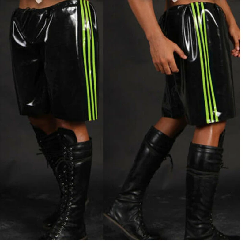 Latex Shorts Fashion Rubber Club Sports Pants Black Green Stripes Boxer