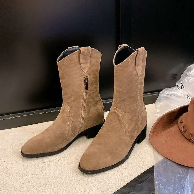

Plus Size 33-46 Nude Khaki Color Faux Suede Rome Womens Winter Shoes Chunky Med Heels Slip-on Punk Western Cowboy Chelsea Boots