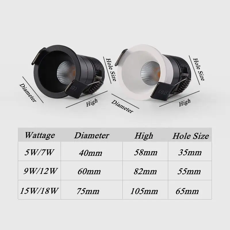 디밍이 가능한 임베디드 눈부심 방지 LED 다운라이트 5W/7W/9W/12W COB 천장 스포트라이트 AC85265V LED 배경 램프 실내 조명