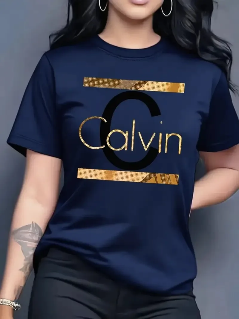 Gran oferta, moda de verano para mujer, camiseta informal con estampado de letras Calvin, ropa deportiva holgada de manga corta con cuello redondo, ropa y2k - Image 2