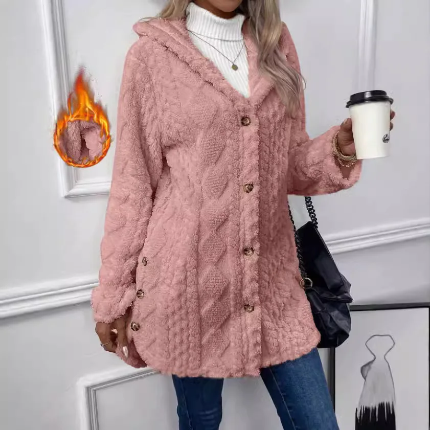 Women Autumn Winter Fleece Hooded Coat