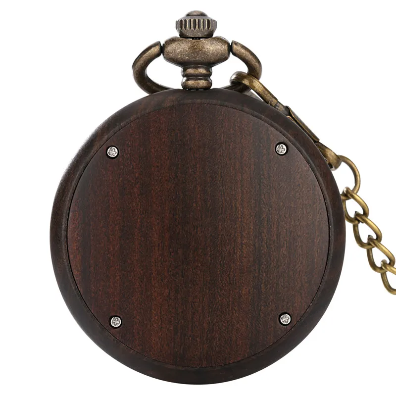 Handmade Sandalwood Pocket Watch Round Shape Carved Roman Number Case Unisex Wooden Quartz Analog Watches with Pendant Chain