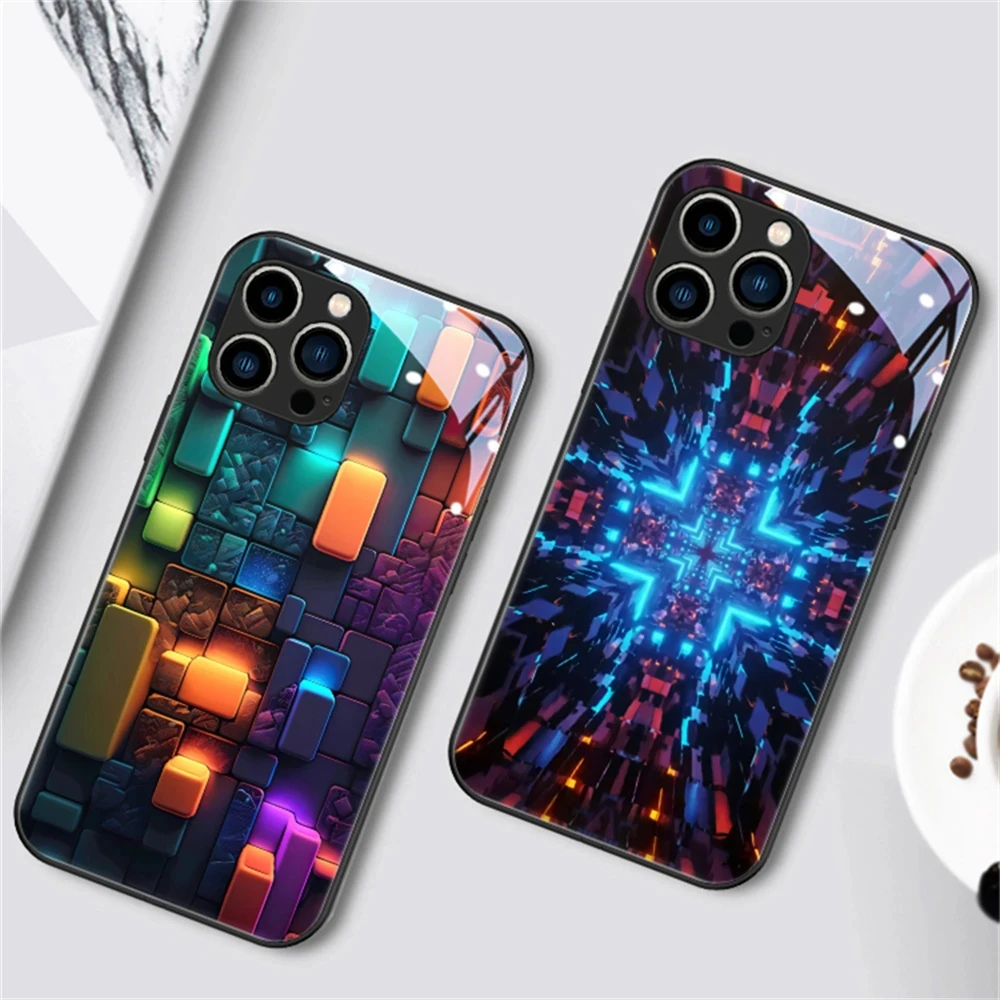 

Pretty Colored Bricks Design Smart LED Light Glow Tempered Glass Phone Case For Samsung S24 S23 S22 S21 S20 FE Note20 Plus Ultra