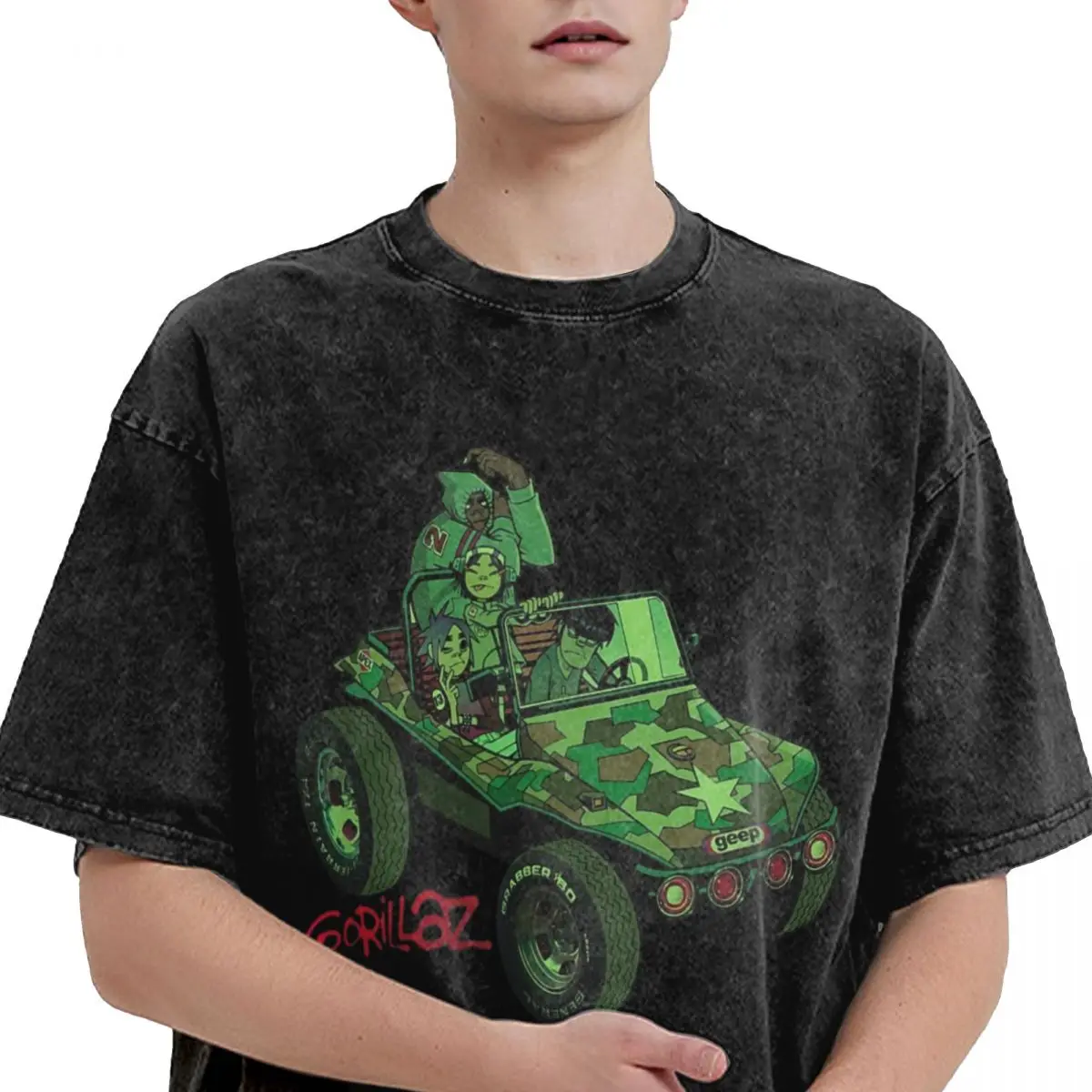 Washed T Shirts Gorillaz Geep Logo Hip Hop T-Shirt Street