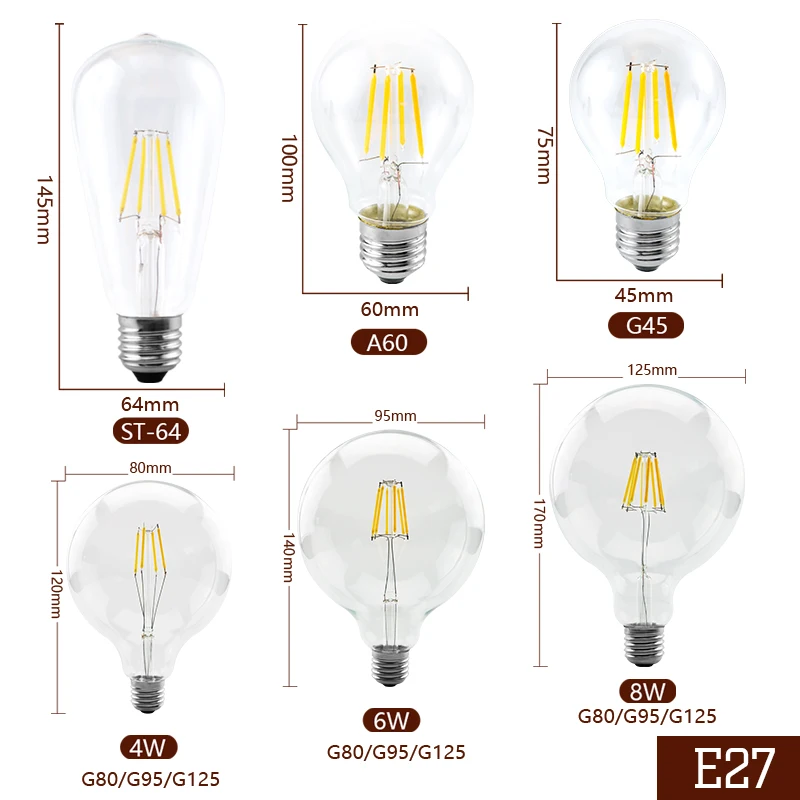 E14 E27 LED 전구 3 W 4W 6W 8W LED 전구 램프 E14 LED 필라멘트 빛 유리 공 개/몫 전구 C35 A60 G80 G95 G125 G125