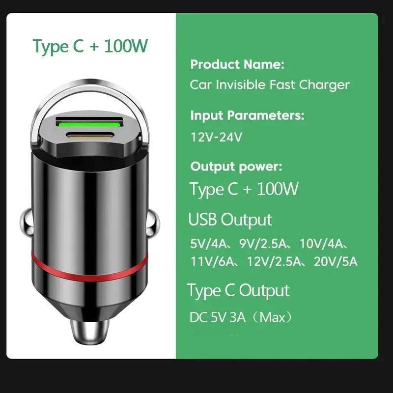 Car Charger 100W Dual Ports Mini USB Super Fast Charging Aluminum Alloy Phone Adapter Cigarette Socket 12-24V