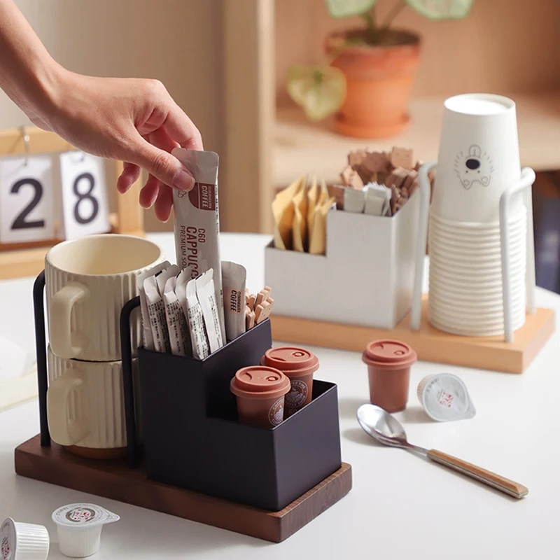 Wooden Coffee Station Organizer with Cup Holder and Condiment Storage-Coffee Bar Accessory for Disposable Cups and Supp