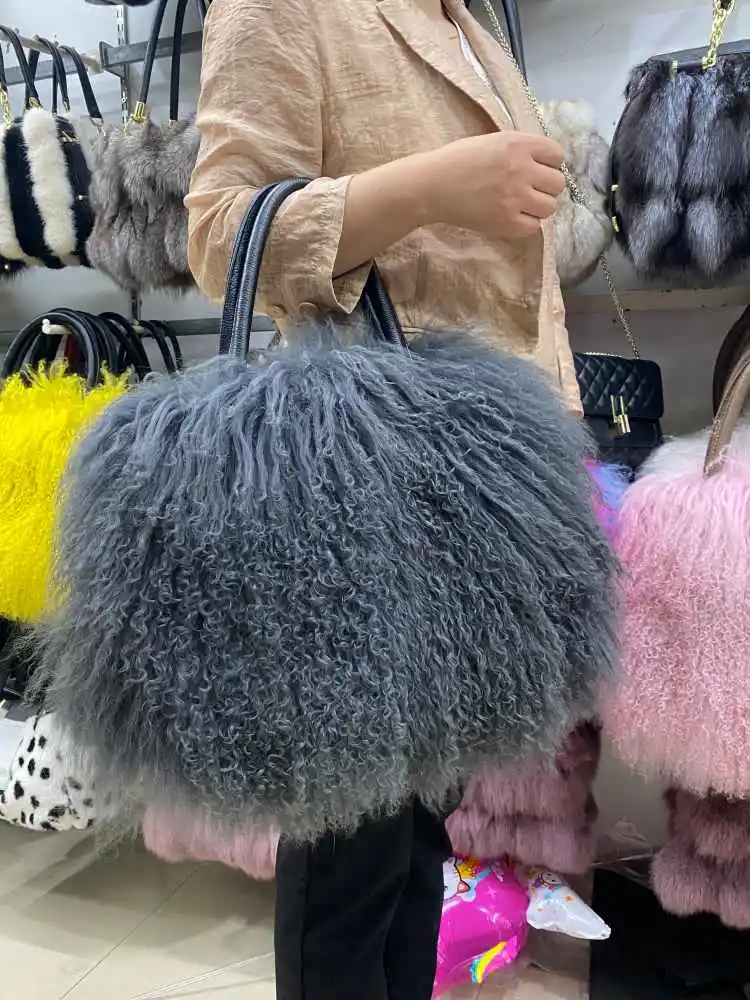 MWfur Lamb Handbag Fashion Long Hair Tote Bag Mongolian Lamb Fur Bags for Women 2