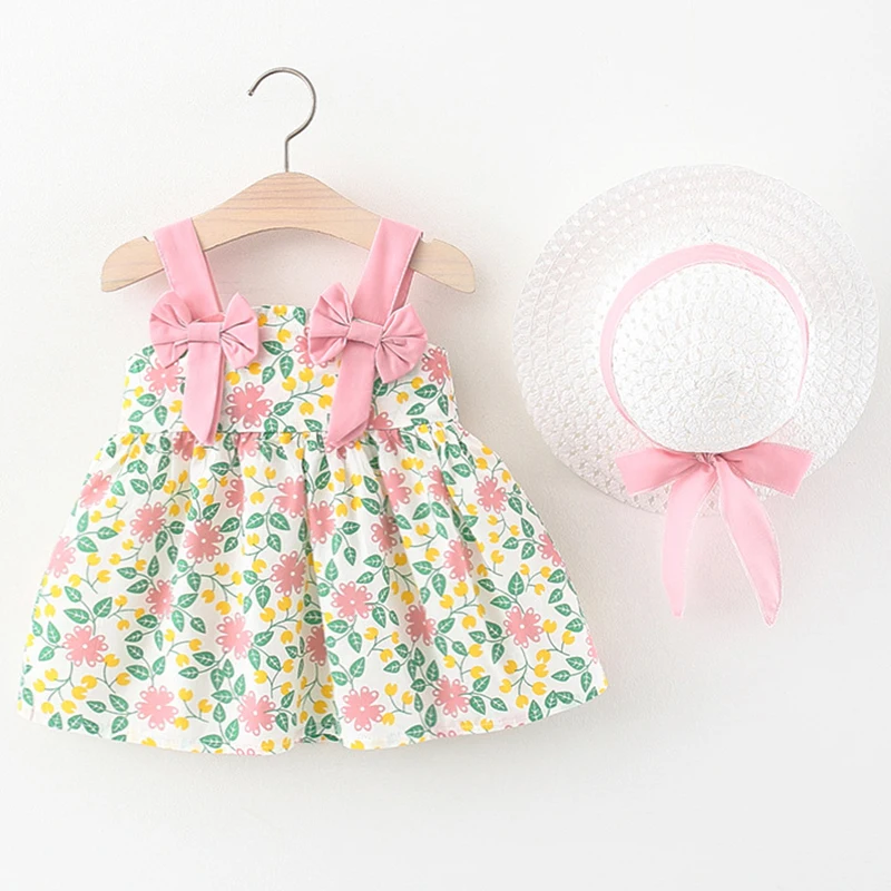 2Piece Summer Clothes Baby Girls Boutique Outfits Korean Cute Bow Sleeveless Beach Dresses Newborn Flowers Dress+Sunhat BC018