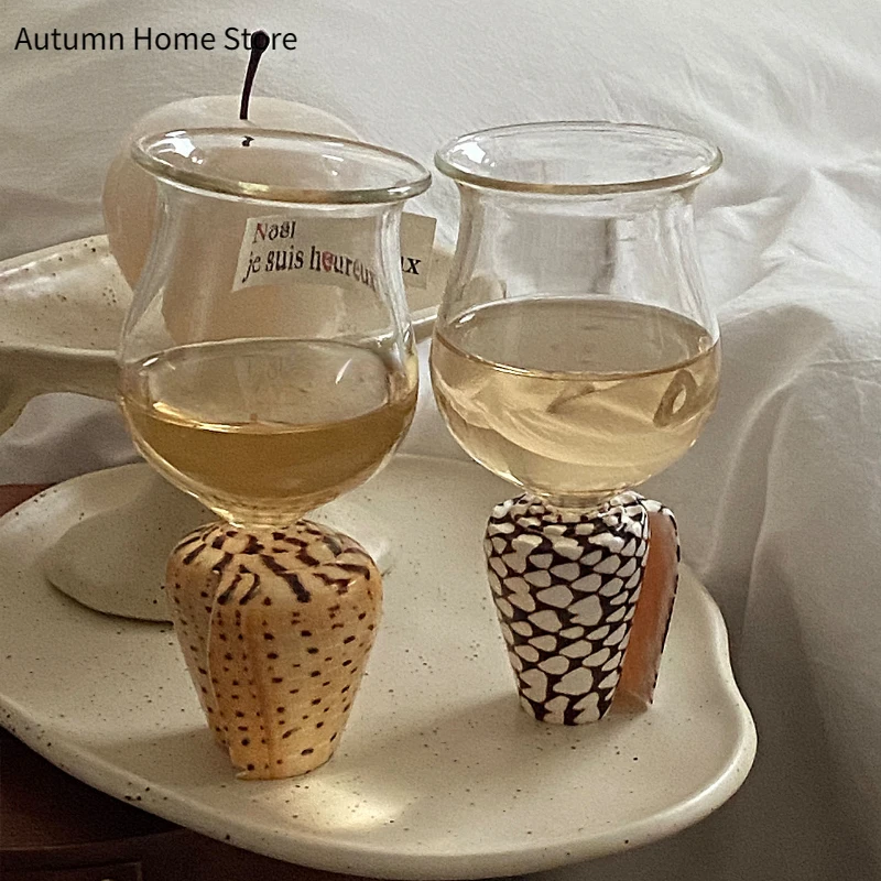 

Creative Design Wine Glass Natural Conch Glass High Legged Glass Leopard Pattern Checkerboard New Year's Gift