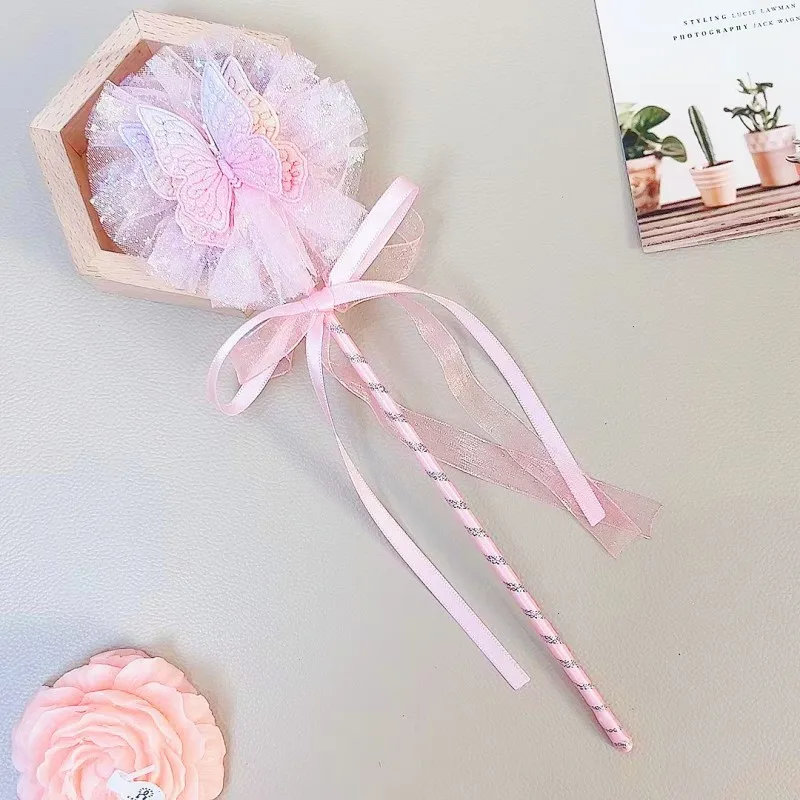 INS Kids Birthday Mesh Bow Fairy Stick Baby Shower Butterfly Wand Girl Princess Party Game Props 1PC