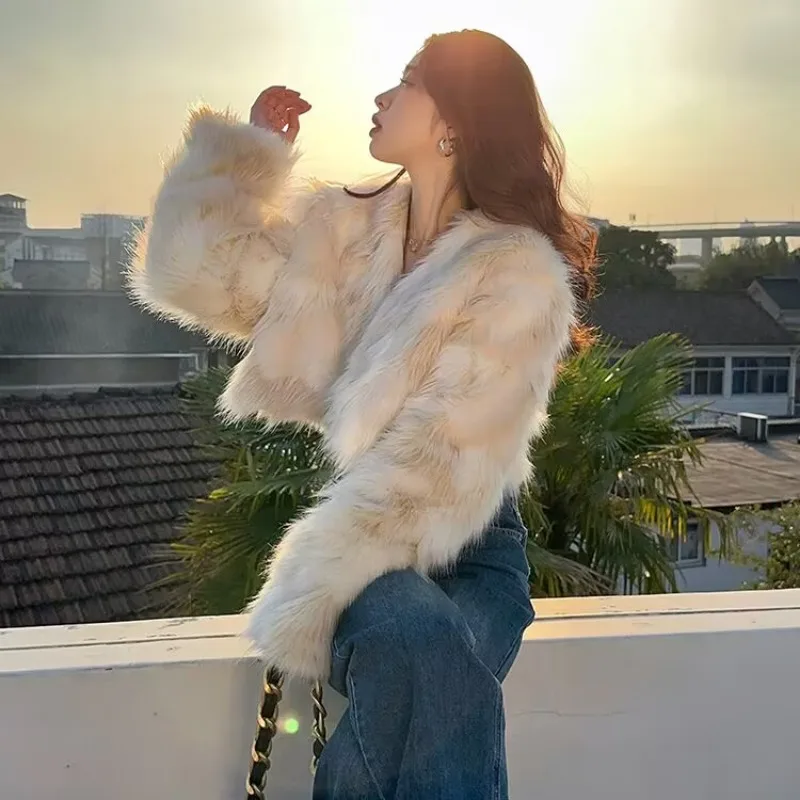 Women's Faux Fox Fur Coat, Gradient, Loose, Thicken, Warm, Casual Outwear, V-neck, Female Temperament, Winter Fashion, New, 2024