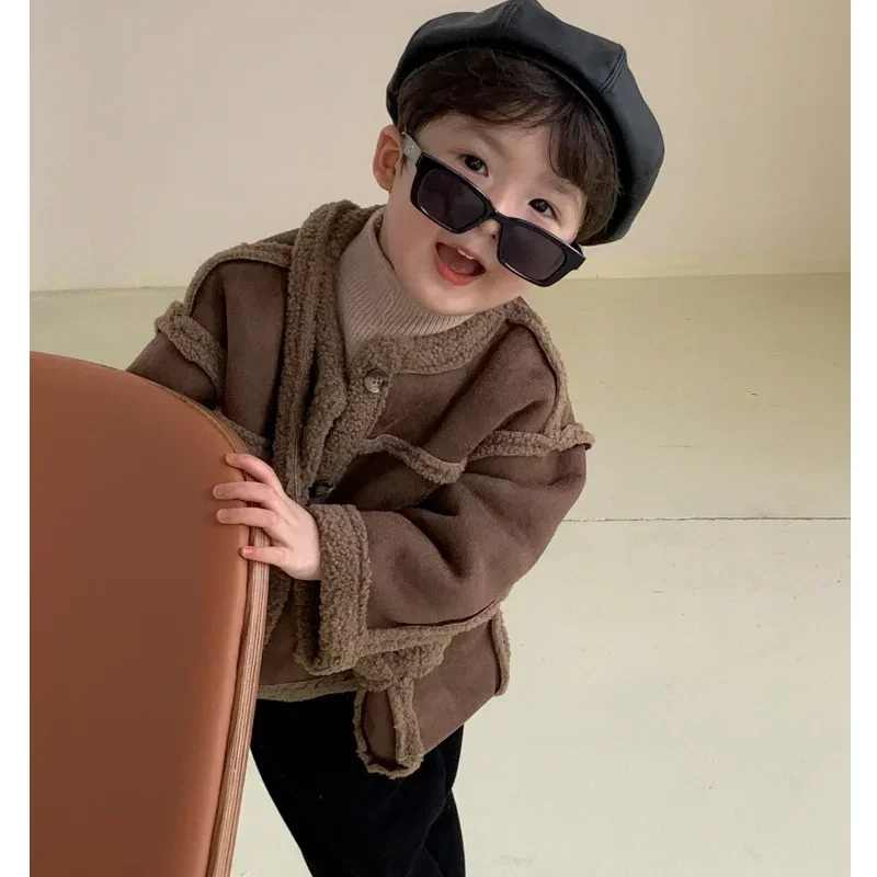 Children Velvet Warm Jackets with Bag Fashion Baby Kids Fleece Outwear Korean Boys Girls Zipper Thickness Suede Coat Winter
