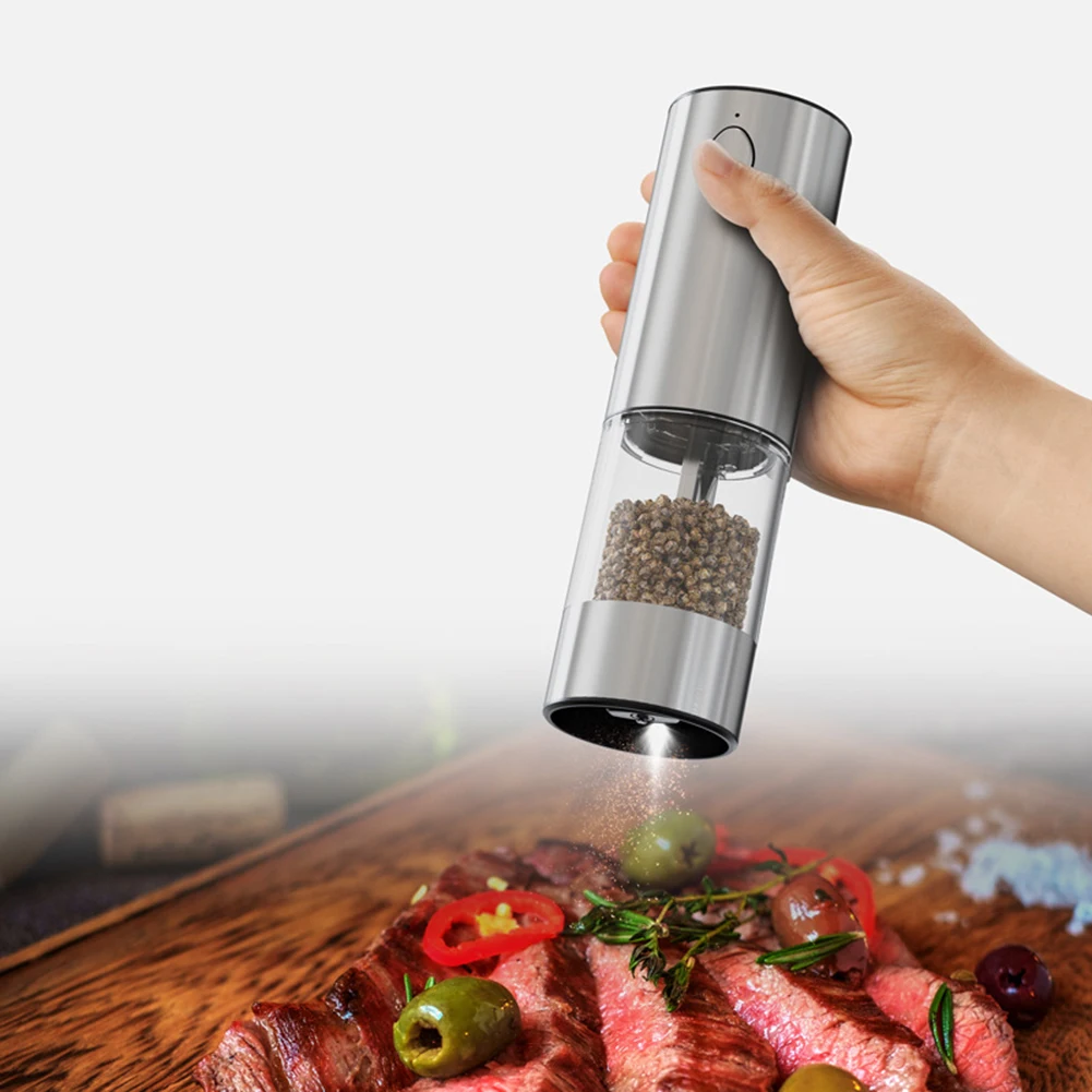 Electric Salt Pepper Grinder USB Rechargeable Automatic Salt Pepper Mill LED Light Electric Spice Mill BBQ Accessories
