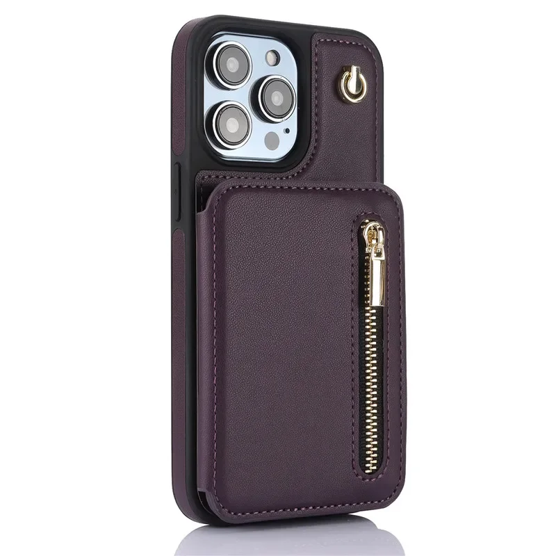 Lanyard Leather Zip Wallet Card Phone Case with Hand Rope Flip Cover