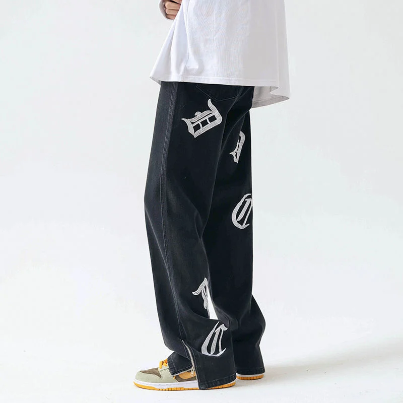 

2022 Men's Loose Embroidered Baggy Homme Casual Pants Classic Cargo Pocket Jeans Black/white Color Biker Denim Trousers M-2XL