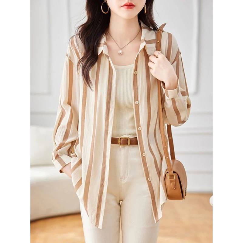 여성용 트렌디 빈티지 스트라이프 프린트 단추 셔츠, 심플 캐주얼 턴 다운 칼라, 불규칙 블라우스, 긴팔 루즈 튜닉 탑