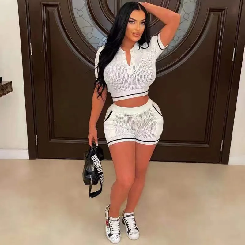 Thread Knitted Tracksuit Women Two Piece Set Outfit 2023 Summer Elegant Turn Down Collar Mesh Crop Tops Shorts Women Casual Suit