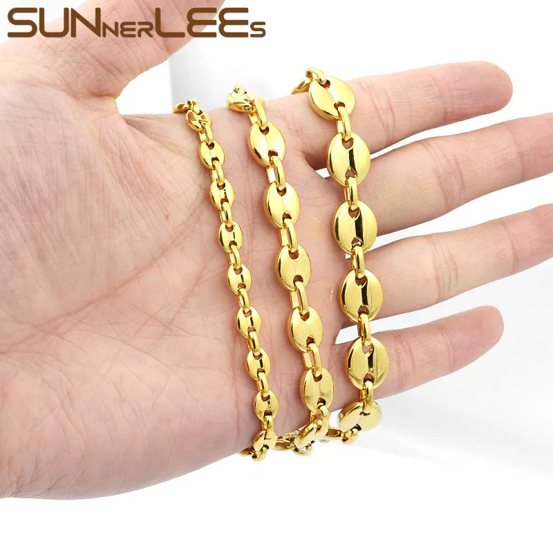 

Браслет SUNNERLEES из нержавеющей стали 316L, цепочка из звеньев кофейных зерен 5-11 мм, серебристый цвет, позолоченные ювелирные изделия, подарок для мужчин и женщин SC13