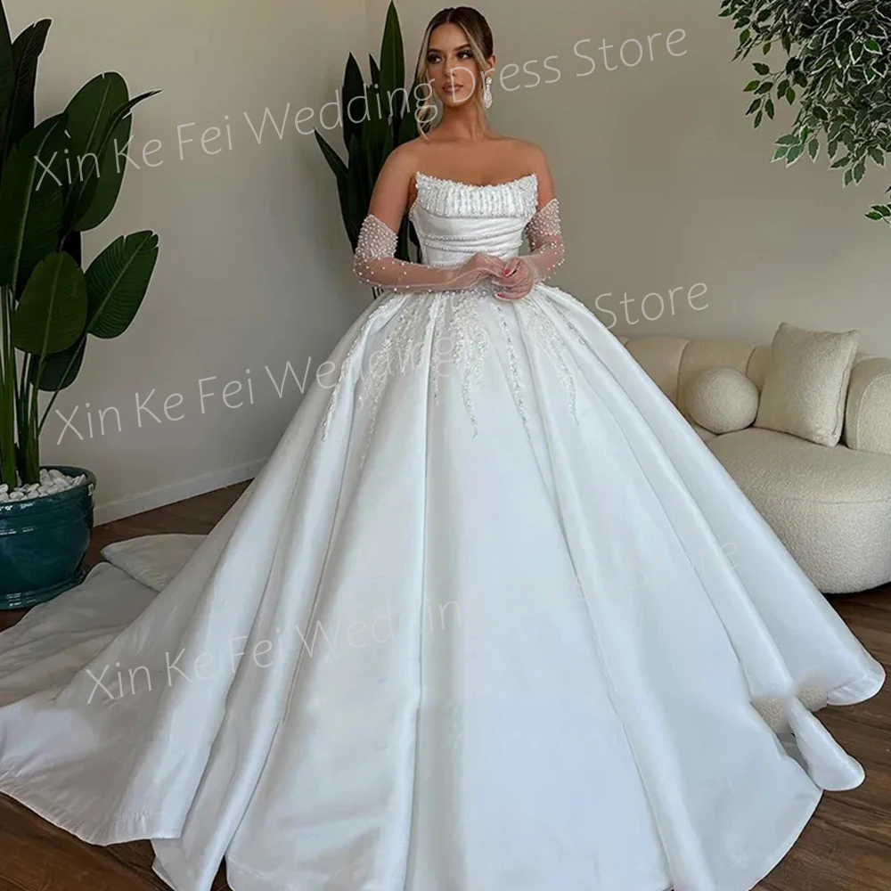 

Exquisite Elegant Wedding Dresses Sweep Train Off The Shoulder Bridal Gowns Ball Satin Backless Strapless Beading Princess 2024