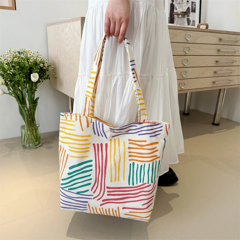 Large Capacity Tote Bag Luxury Designer Handbags For Women 2024 Brand Multicolored Stripes Canvas Shoulder Bag Big Shopper Bags