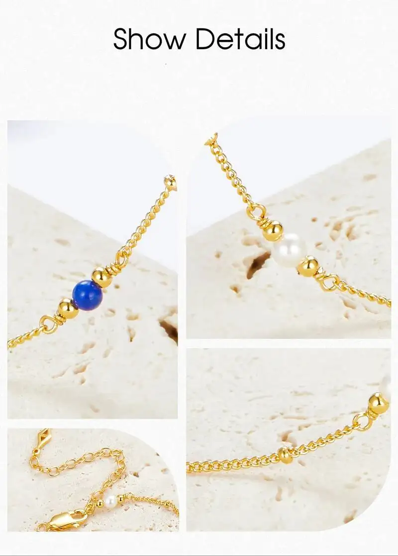 Silver Gold Plated Lapis Lazuli Pearl Sphere Chain Station Necklace