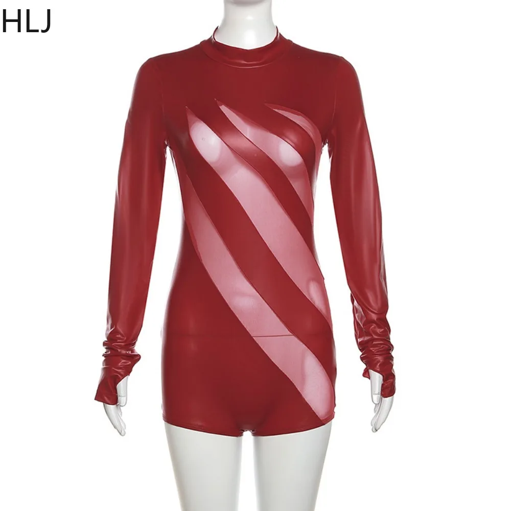HLJ Sexy Mesh Perspective Bodysuits Women Round Neck Long Sleeve Bodycon Jumpsuits Fashion Female Patchwork Nightclub Overalls