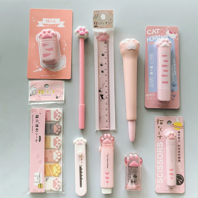 

10 Pcs/set Kids Girl Pink Cat Paw Stationery Set Gel Pen Correction Tape Memo pads Eraser Knife Set
