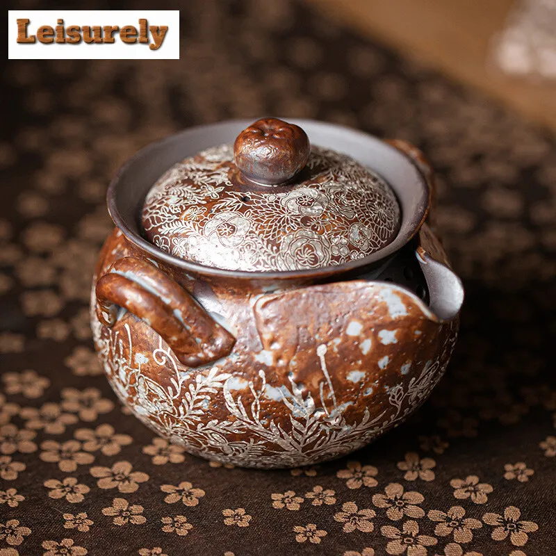 190ml Retro Flower Gilded Silver Hand Grasping Pot Old Rock Mud Treasure Bottle Pot Coarse Pottery Filter Kettle Kung Fu Teaset