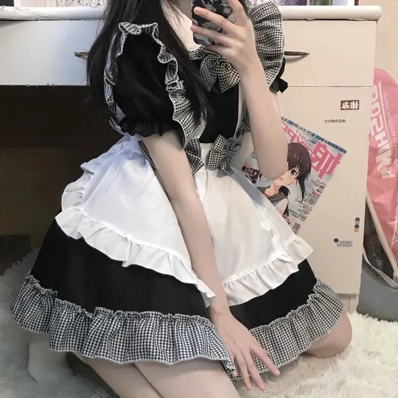 

Women Maid Outfit Black Plaid Cosplay Anime Uniform Girl Student Lolita Dress Sweet Style Cute Bow Cafe Princess Kawaii Dresses