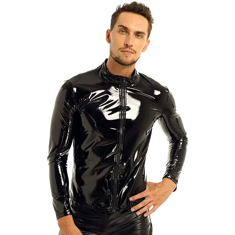 Men Shiny Patent PVC Leather Jacket Zipper Front Faux Latex Leather Coat Male Long Sleeve Jacket Mid Collar Top T-shirts Custom