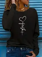Haut à manches longues pour femmes, col rond ample, couleur unie élégante, t-shirt en polyester tricoté, mode automne et hiver, motif cœur 3