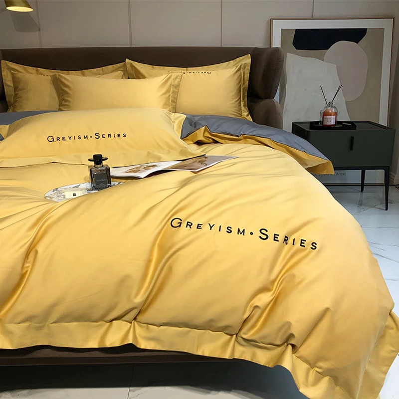 

Новинка 2024, постельное белье из четырех предметов, простое хлопковое двухместное домашнее белье, пододеяльник с рисунком под телефон, удобное постельное белье, желтое, серое