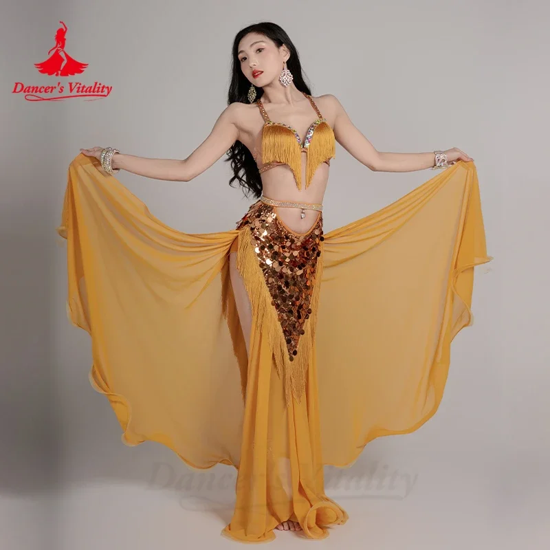 Belly Dancing Set for Women Custom Senior AB Stones Tassel Bra+Sequined Chiffon Long Skirt 2pcs Belly Dance Performance Costume
