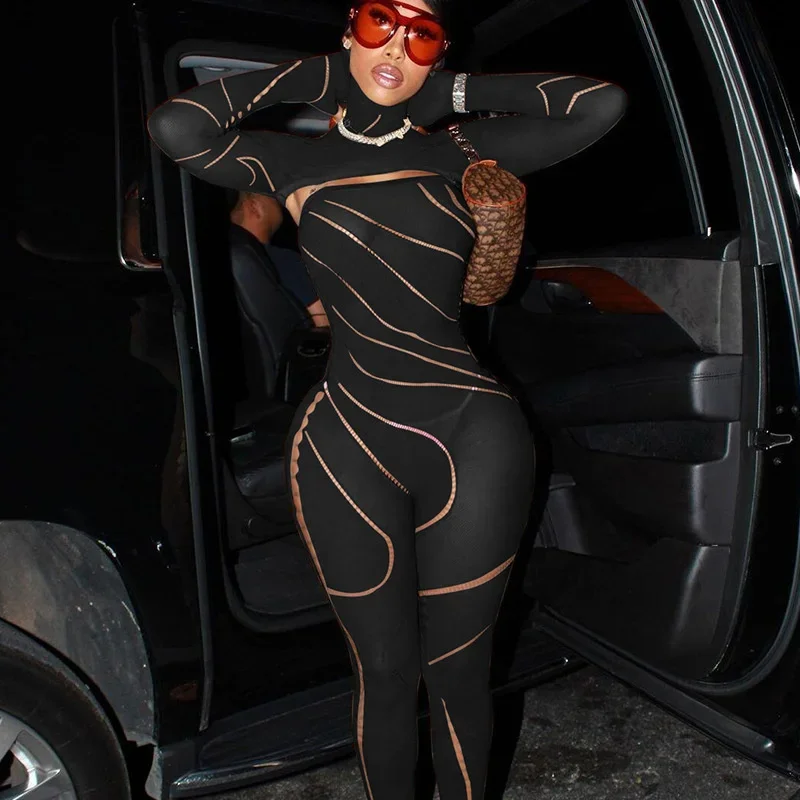 Cut Out Hooded One Piece Jumpsuits For Women 2023 Elegant Sexy See Through Skinny Knitted Ins Romper Pants Overalls