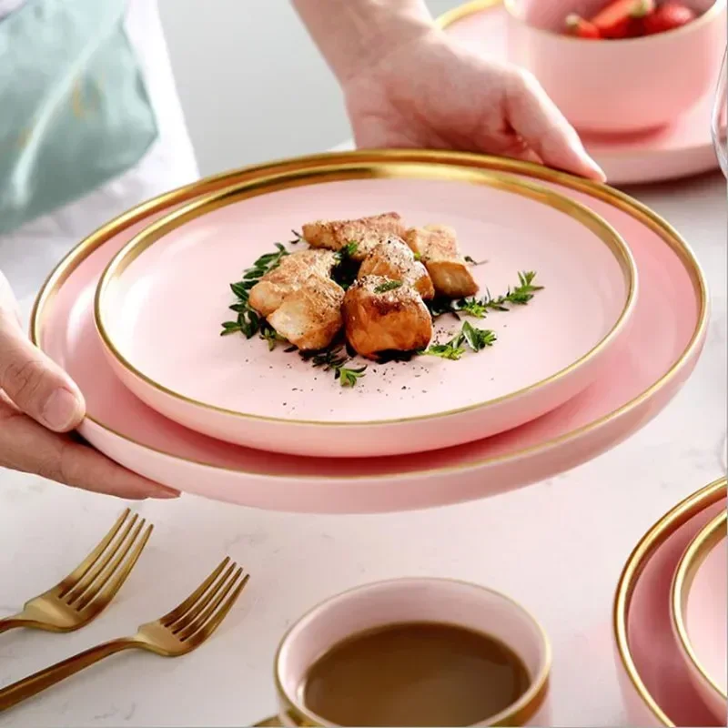 Gilt Rim Pink Dinner Porcelain Plate Set Plate Kitchen Ceramic Tableware Dishes Food Rice Salad Bowl Noodles Mug Cutlery Set 1pc