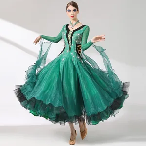 Новое поступление, изысканное женское платье для выступлений и соревнований для взрослых, платье для международного стандарта, зеленого цвета для бальных танцев