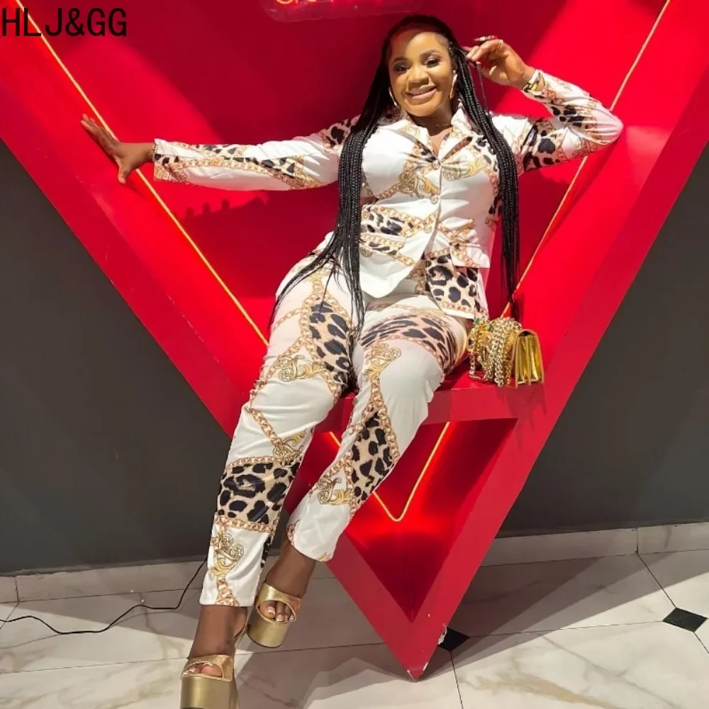 HLJ&GG Casual Retro Pattern Print Two Piece Sets Women Turndown Collar Button Long Sleeve Shirt + Pants Outfits Female 2pcs Suit