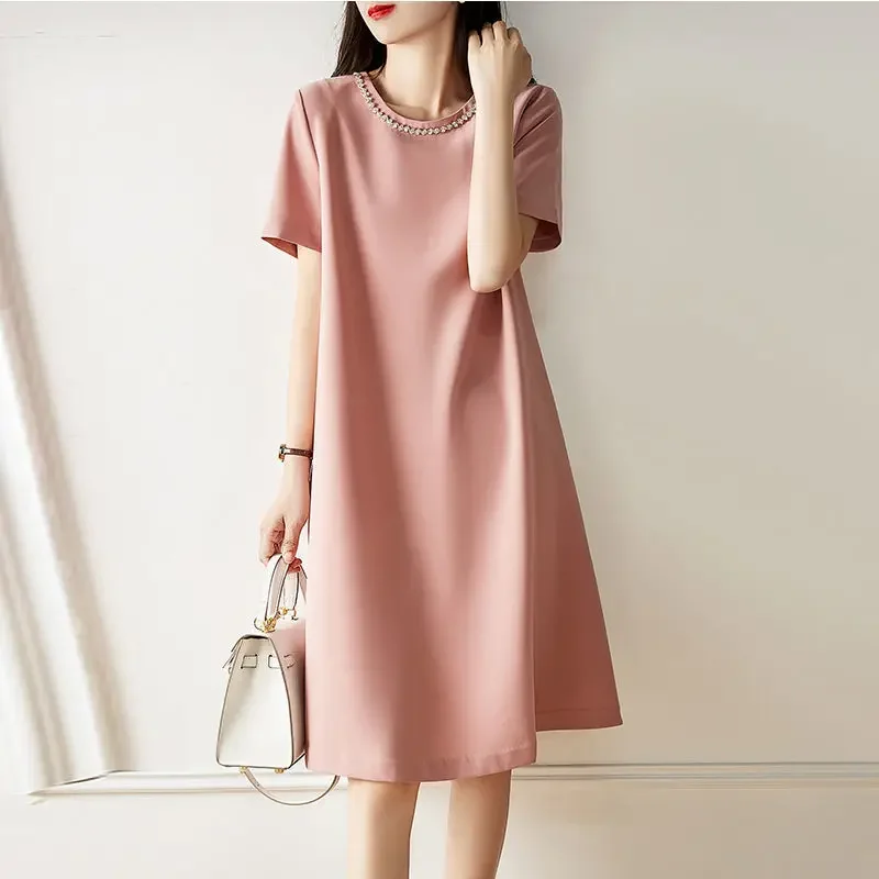 

Elegant Solid Color Loose Folds Ruffles Diamonds Midi Dress Women's Clothing Summer New Oversized Irregular Casual Dresses CY120