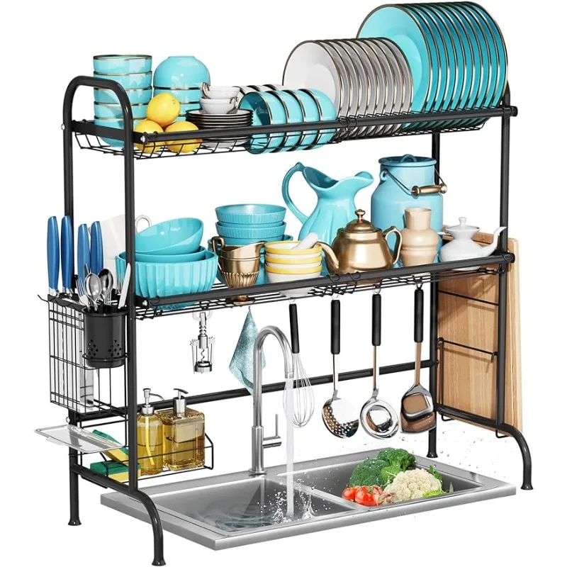 

MOUKABAL Over The Sink Dish Drying Rack with 2 Tier Utensil Holder,Large Stainless Steel Dish Racks for Kitchen Counter(fit≤33"