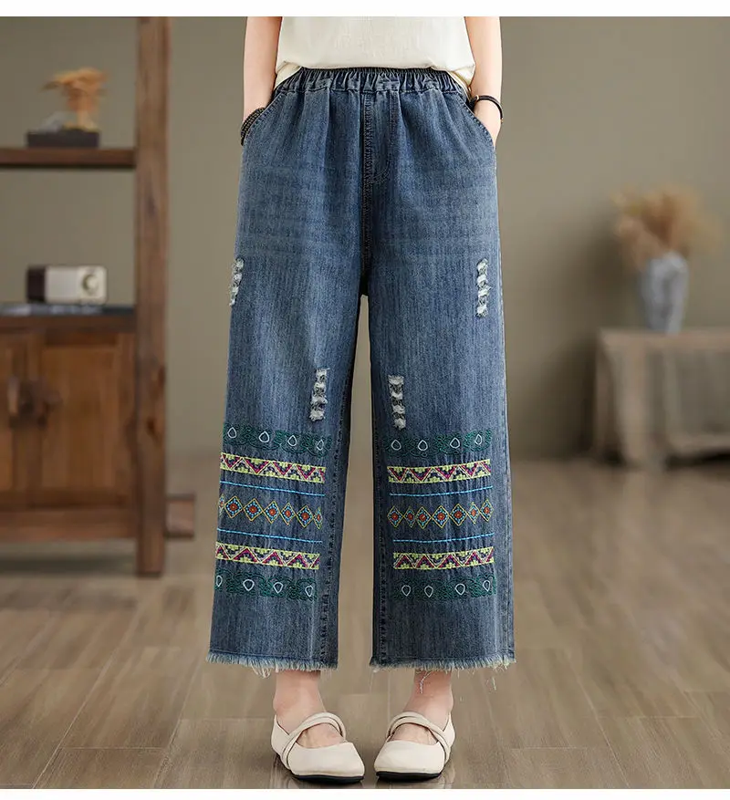 

Johnature Women Autumn Embroidery Floral Denim Wide Leg Pants Elastic Waist Blue Loose Trouser 2024 New Women Ankle-length Pants