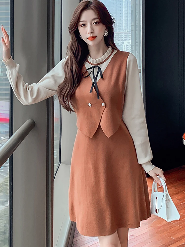 

Women Red Knitted Woolen Patchwork Fake Two Piece Pullovers Autumn Winter Thick Warm Sweaters 2024 Korean Chic Bodycon Sweaters