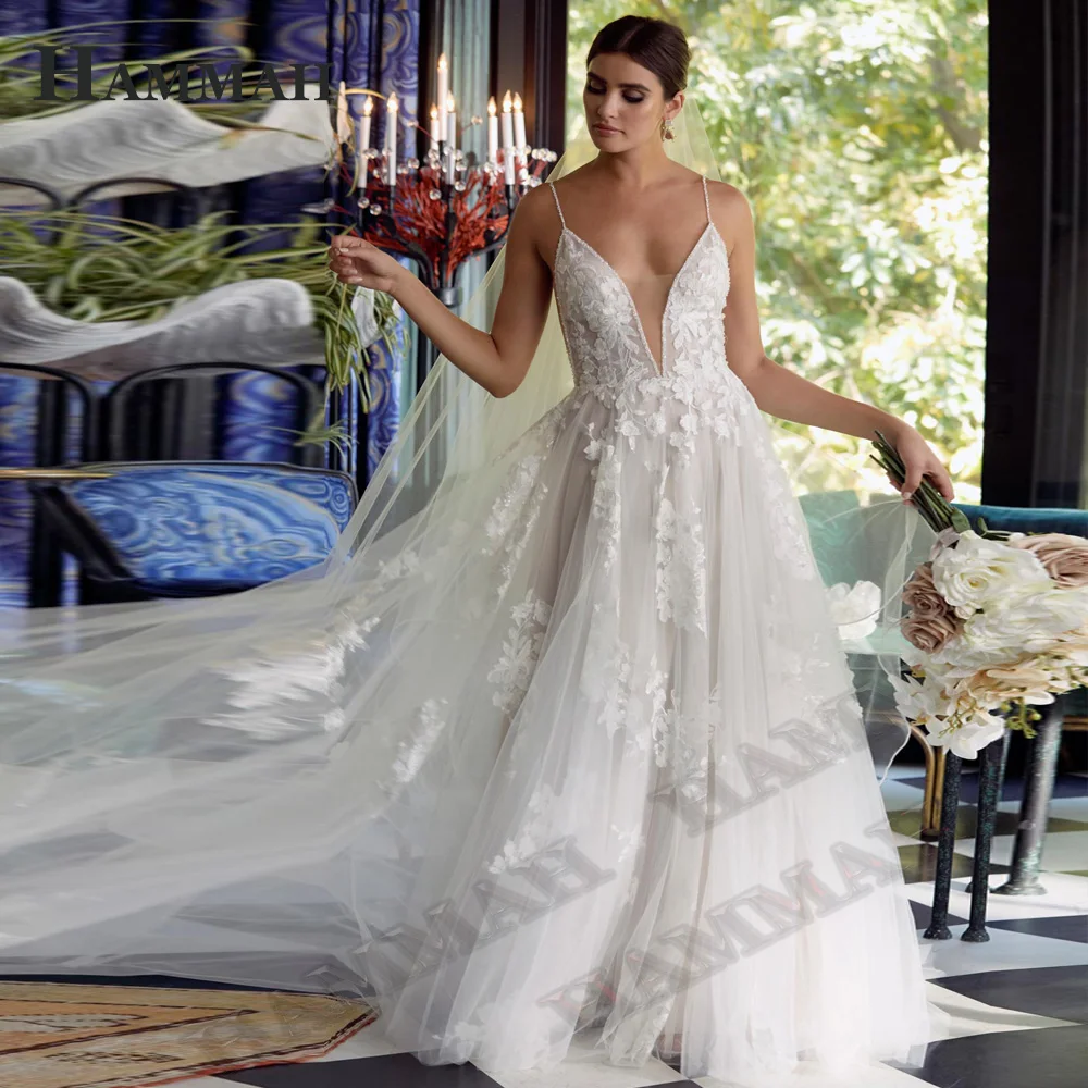

HAMMAH Wedding Dresses For Bride Spaghetti Strap Deep V Neck Backless Appliques Court Train Vestidos De Novia Brautmode