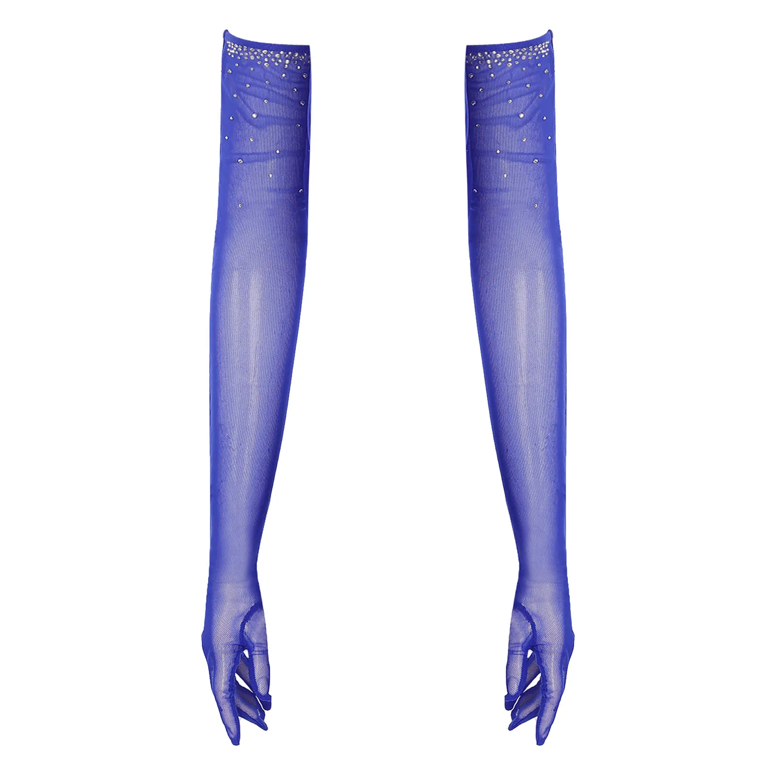 Damen Glänzendes Strass-Latein-Tango-Tanzkleid, Performance-Kostüm, Transparenter Mesh-Body mit Stufen und Quasten sowie lange Handschuhe – Detail 9
