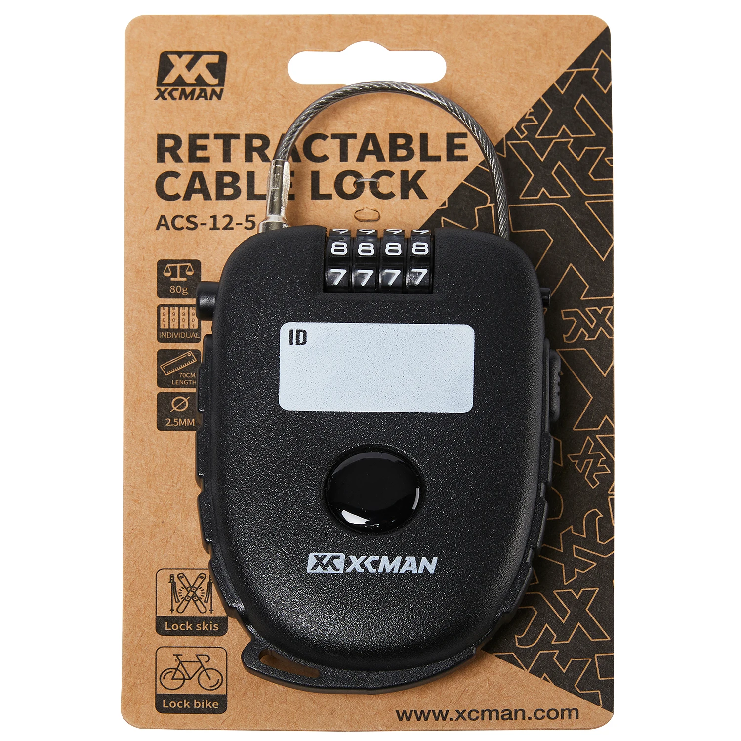XCMAN Secure 4-Digit Combination Lock with 30 inch Retractable Cable for Ski, Snowboard, Stroller, Bike and Suitcases