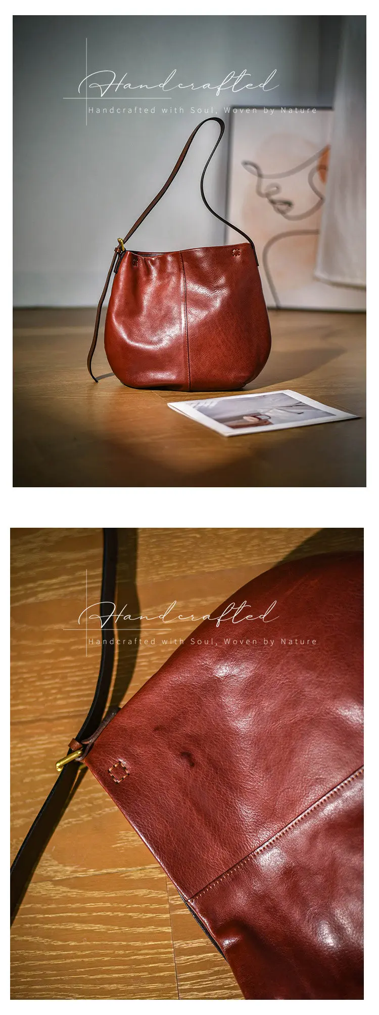 Einfache Vintage-Handtasche aus hochwertigem Echtleder für Damen, Unterarmtasche für Outdoor-Reisen, handgefertigte Schultertasche aus echtem Rindsleder – Detail 7